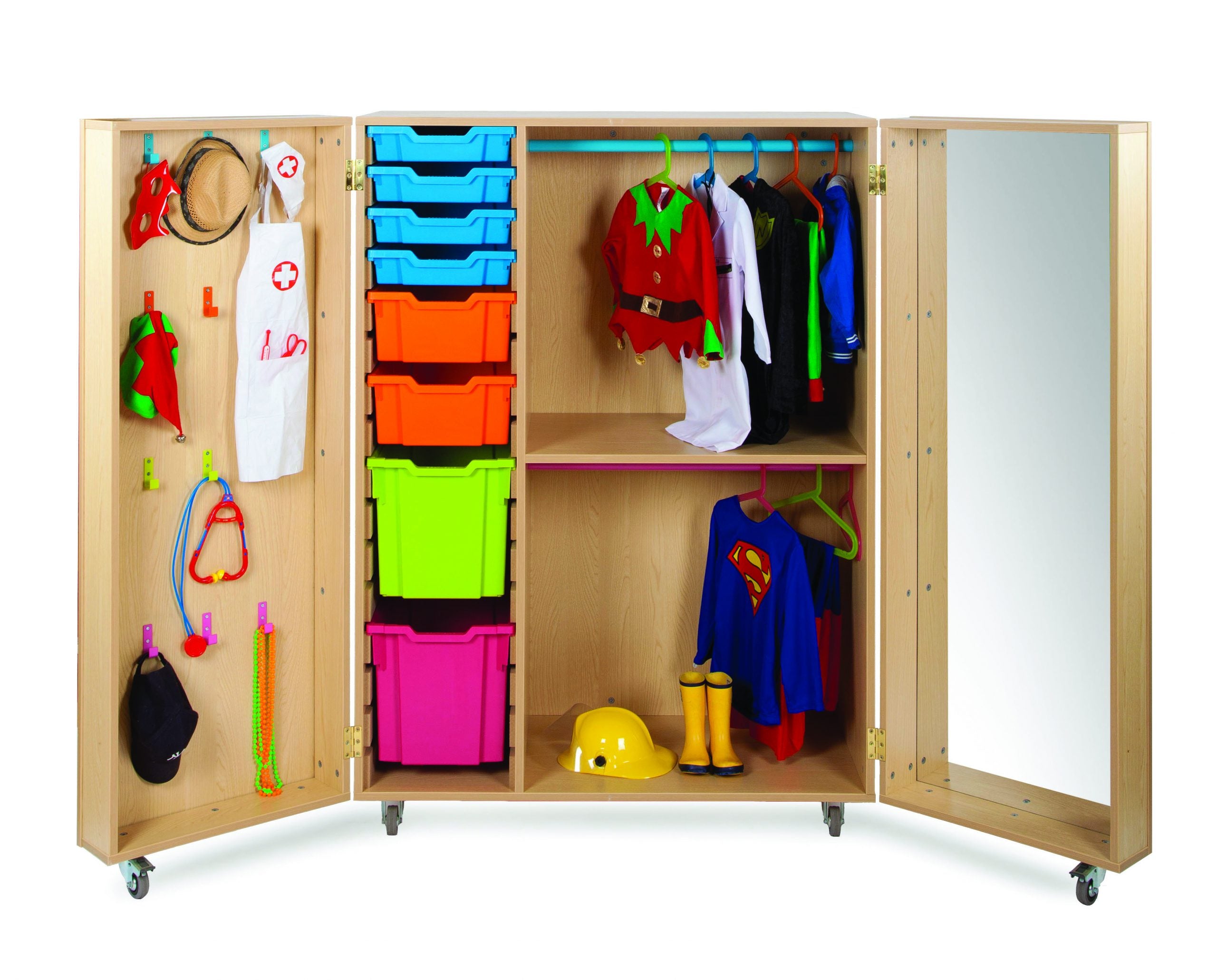 Maple Range Dressing Up Cupboard With 16 Trays, 1 Shelf, 2 Hanging Rails & Mirror