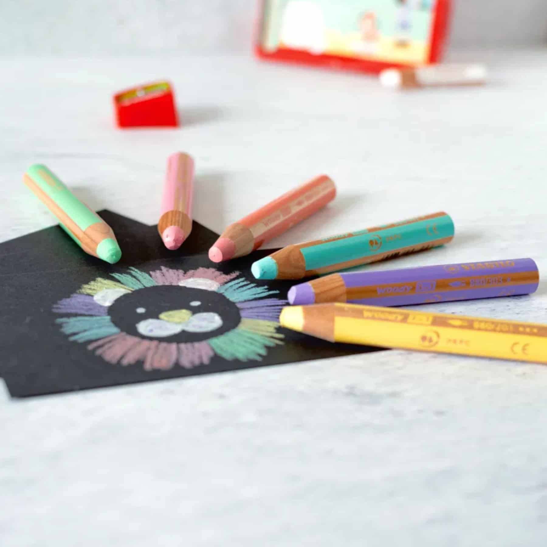 Stabilo Woody 3-in-1 Multi-Use Colour Pencils + Sharpener + Brush - Assorted Colours - Pk18