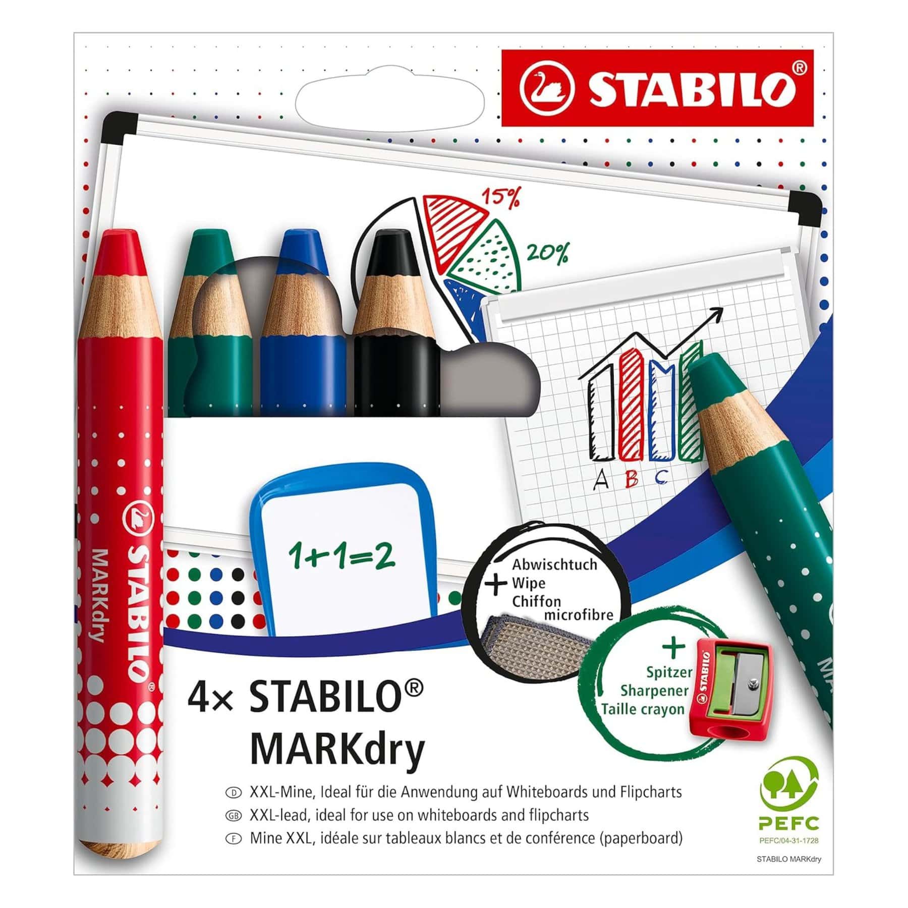 Stabilo MARKdry Whiteboard & Flipchart Pencil Markers Kit with Sharpener + Wiping Cloth - Assorted Colours - Pk4